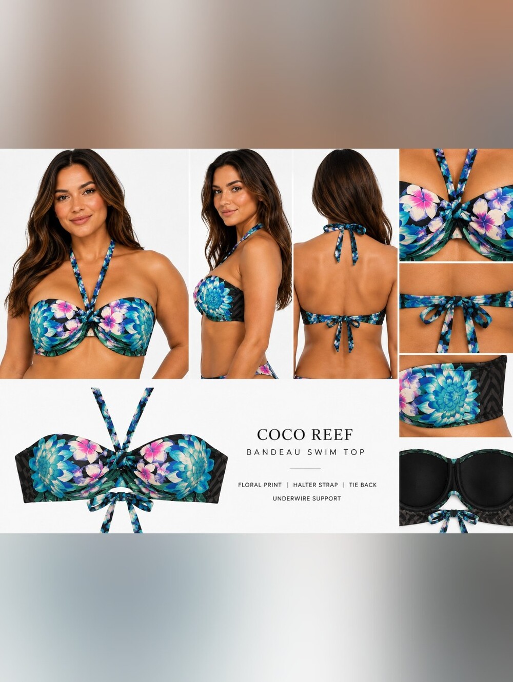 Coco Reef Floral Bandeau Bikini Top 32/34D Underwire Tropical Halter Tie Back